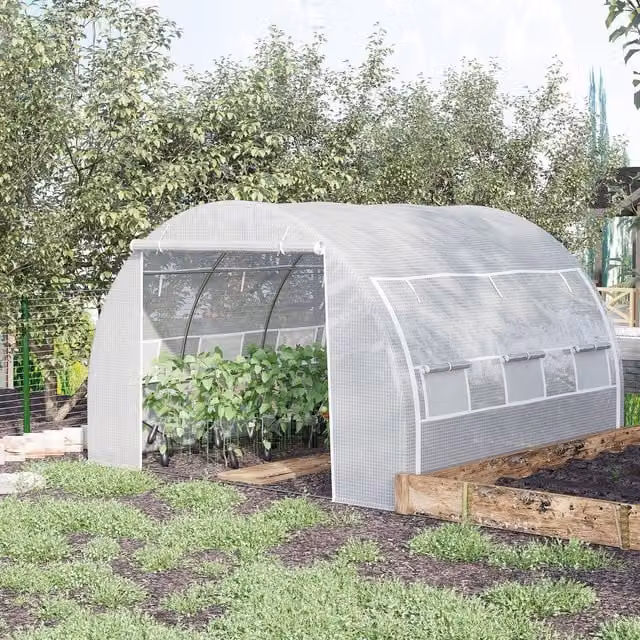 Outsunny White Polytunnel Greenhouse with Galvanised Steel Frame and Roll-up Side Walls, W/D/H: 300 x 300 x 200 cm