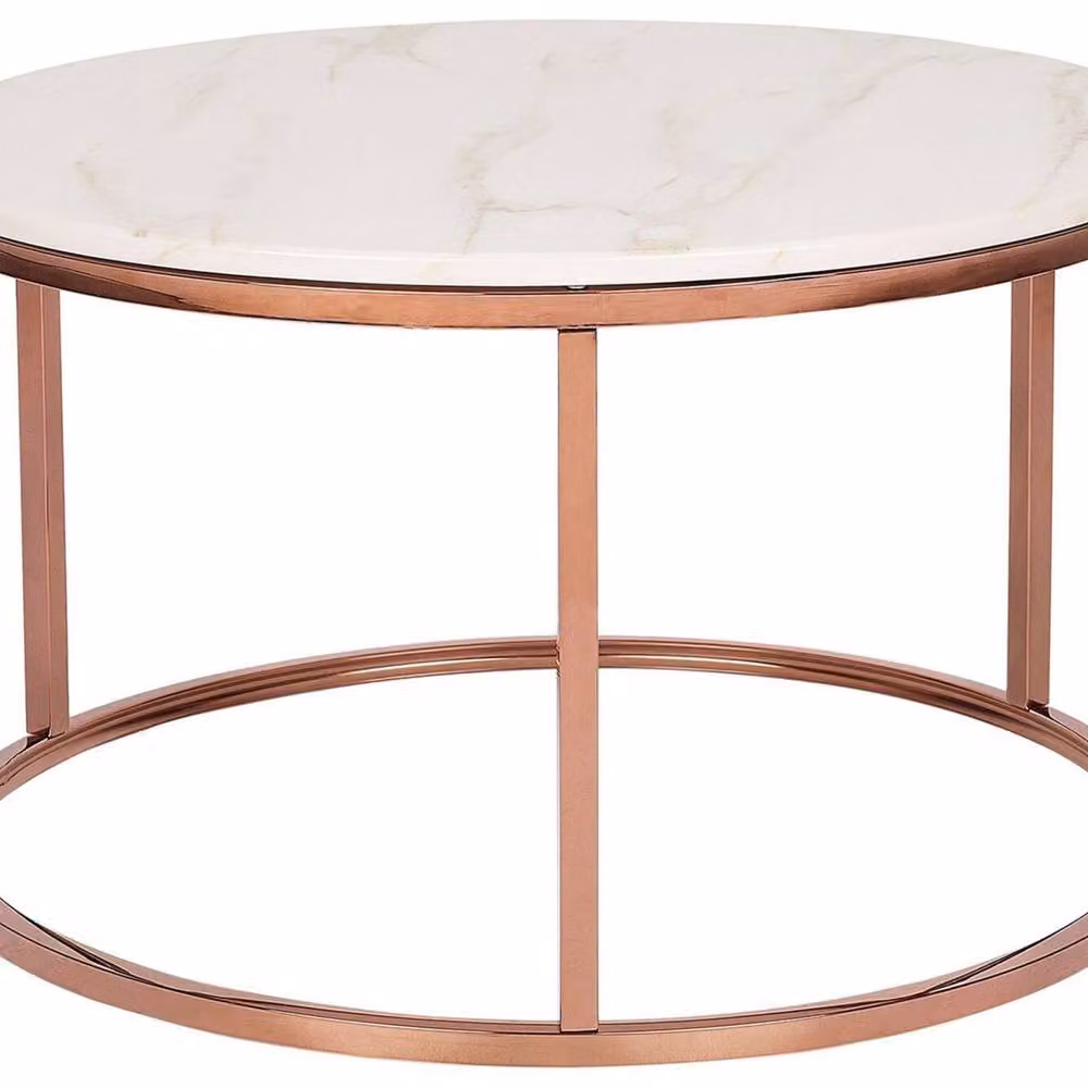 Wyld and Coco Round Coffee Table with Beige Marble-Effect Top and Gold Legs, Dia 70 cm, H 43 cm – 2