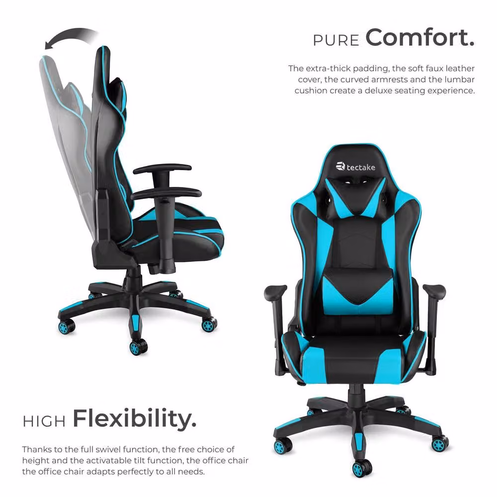 tectake Stealth Gaming Chair in Blue with Synthetic Leather and Adjustable Headrest – 3