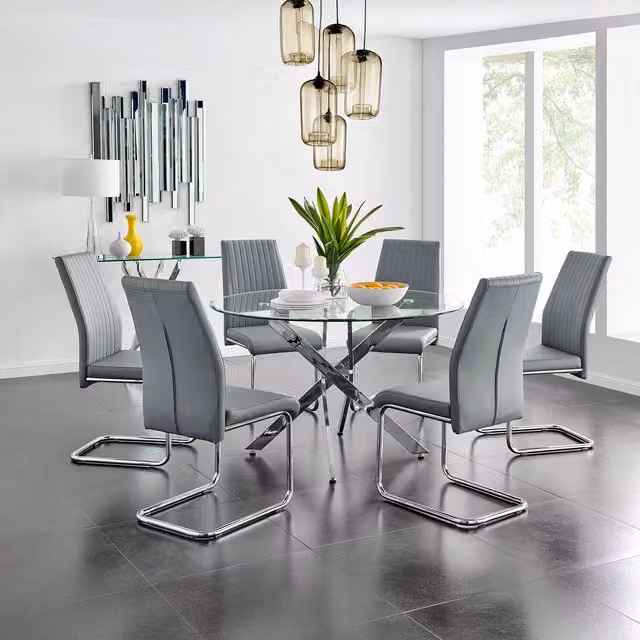 FurnitureboxUK Novara Round Glass Dining Table with 6 Lorenzo Grey Chairs Set