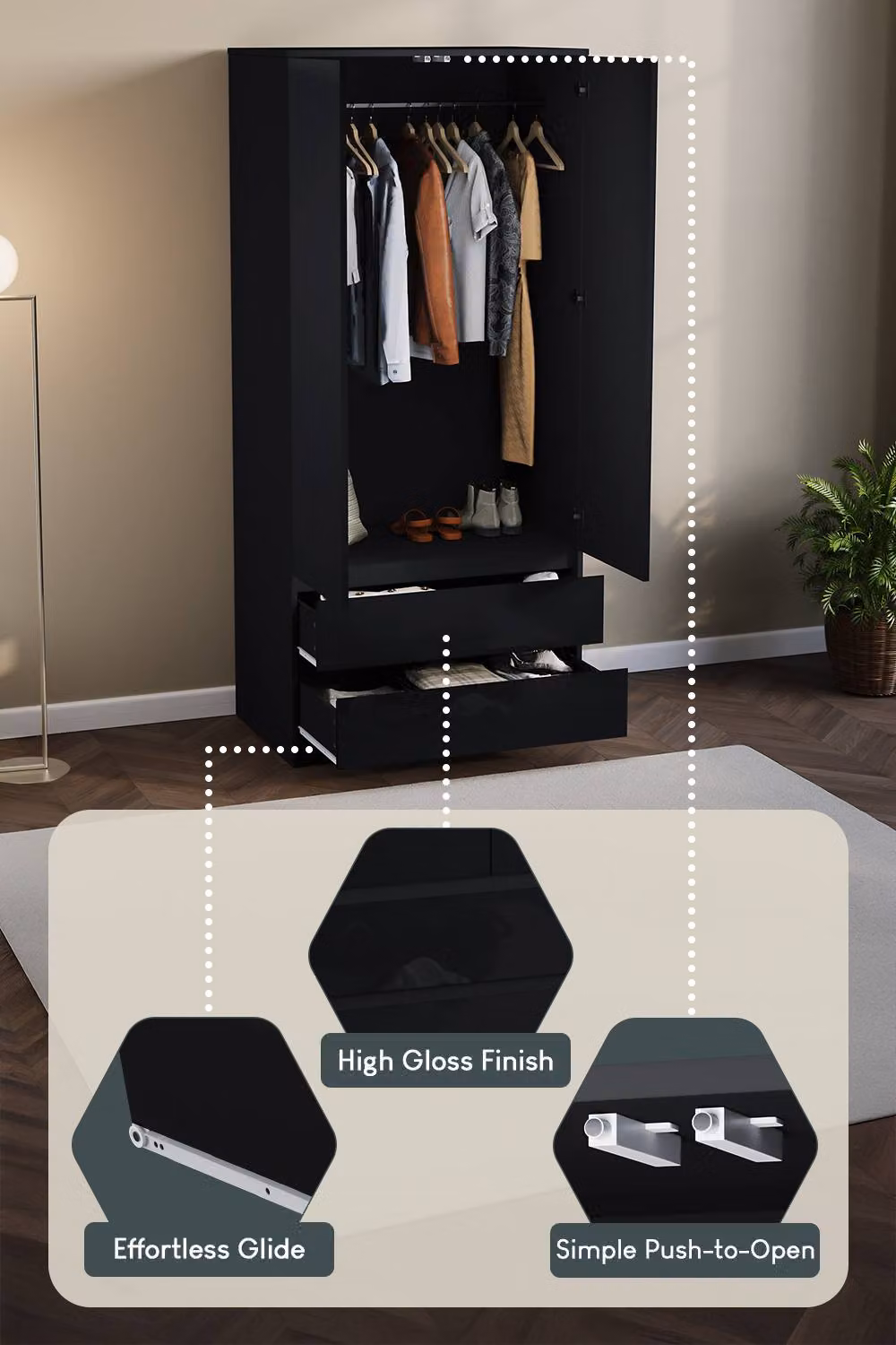 HD Designs Glinton Modern High Gloss 2 Door 2 Drawer Wardrobe in Black – 4