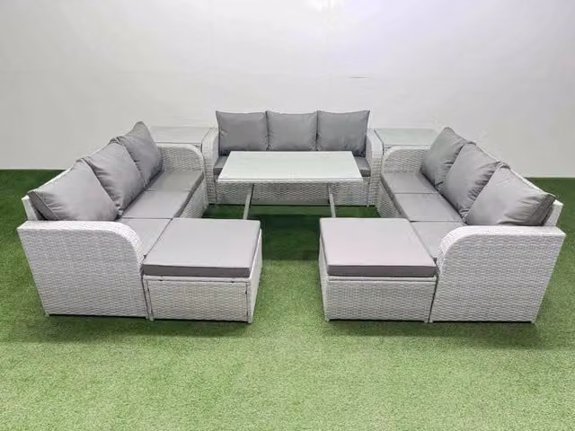Fimous 11 Seat Outdoor Rattan Garden Furniture Set with 2 Side Tables in Light Grey
