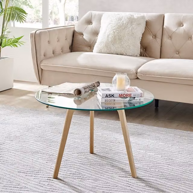 FurnitureboxUK Malmo Round Glass Coffee Table with Beech Wood Legs