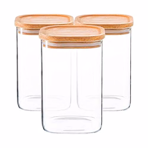 Argon Tableware 6 Pack Square Glass Storage Jars with Airtight Wooden Lids, 1.1 l, Transparent