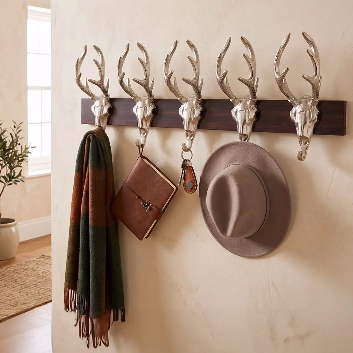 Orsina 5 Stag Head Wall Mountable Coat Hanger with Decorative Hooks in Silver and Brown – 3
