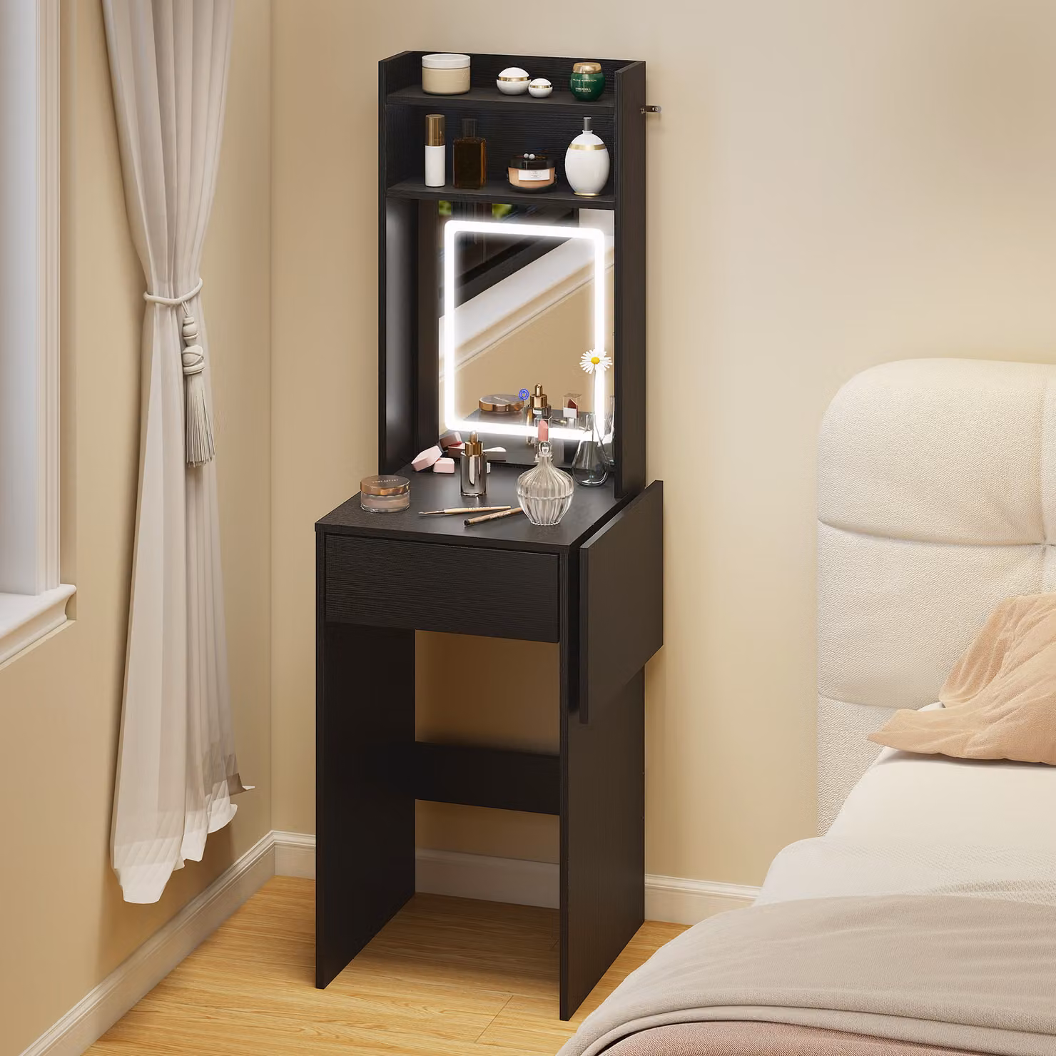 HOMCOM Small Black Vanity Desk with LED Mirror, Drop Leaf Dressing Table with Open Shelves and Drawer, H 152 x W 40 x D 74.3 cm – 2