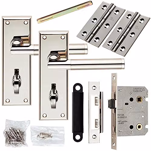 Loops Door Handle and Bathroom Lock Pack in Polished and Satin Nickel with Mitred Lever Backplate – 1