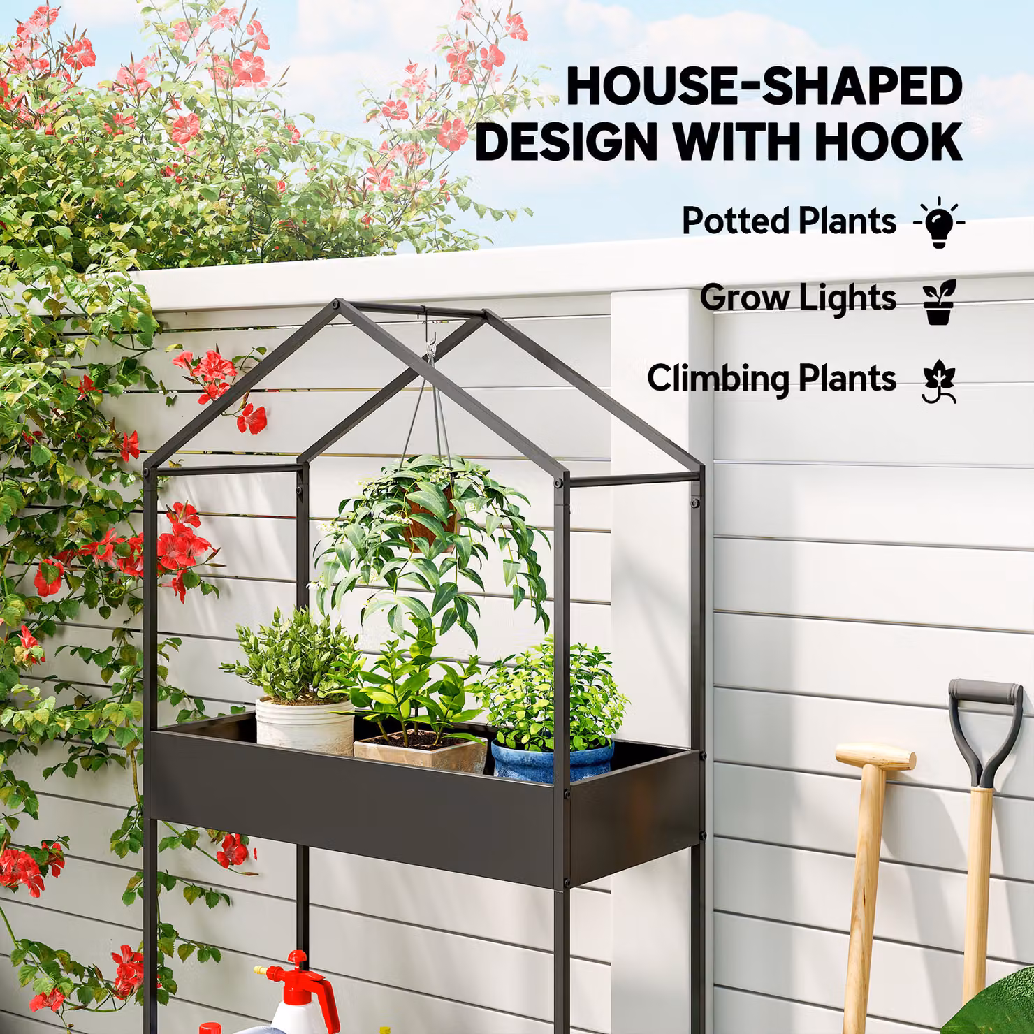 Outsunny 2 Tier Metal Plant Stand with Hook and House-Shaped Pots Holder, Black, W/D/H: 75 x 30 x 150 cm – 4