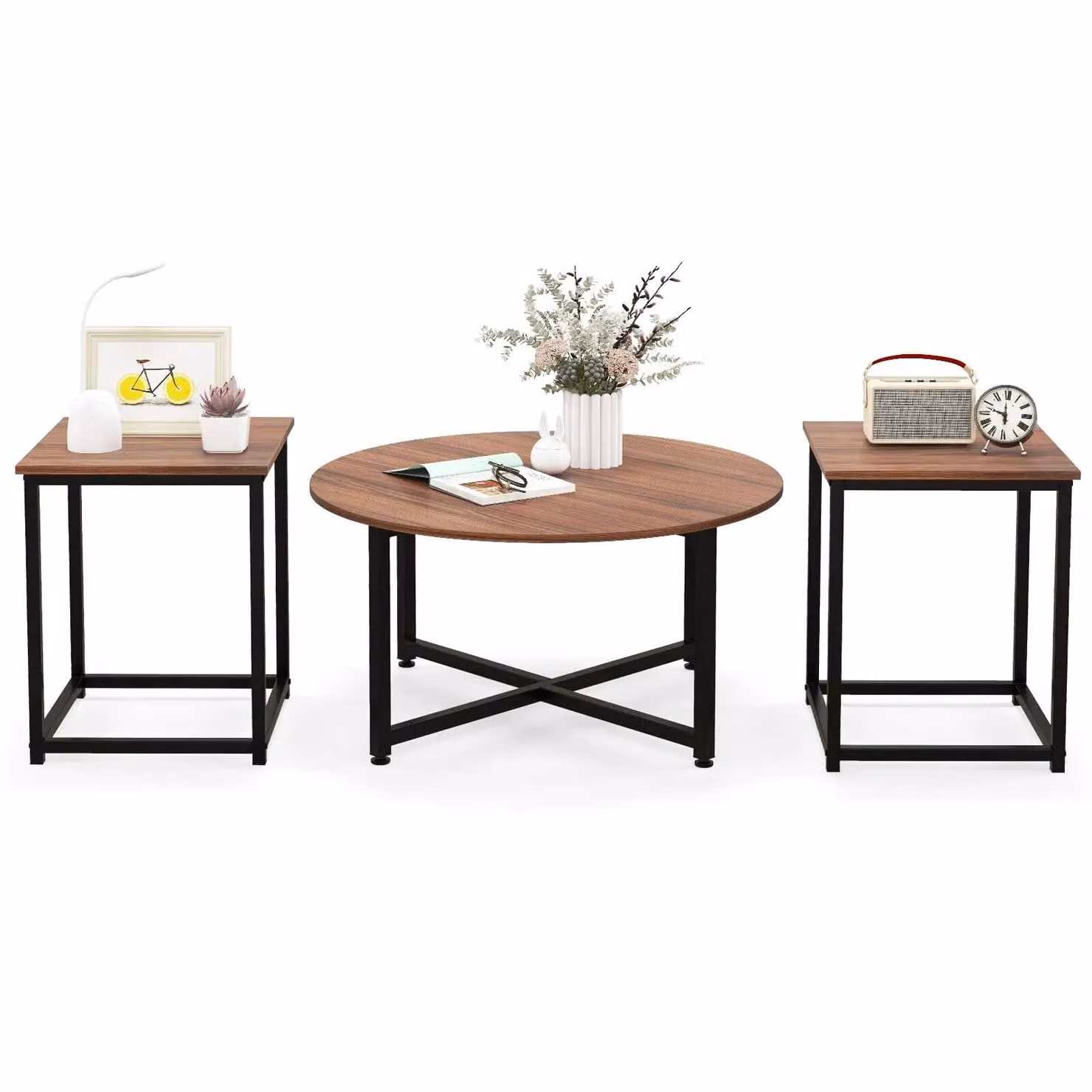 Costway Modern 3-Piece Coffee and End Table Set in Brown with Geometric Metal Frames – 4