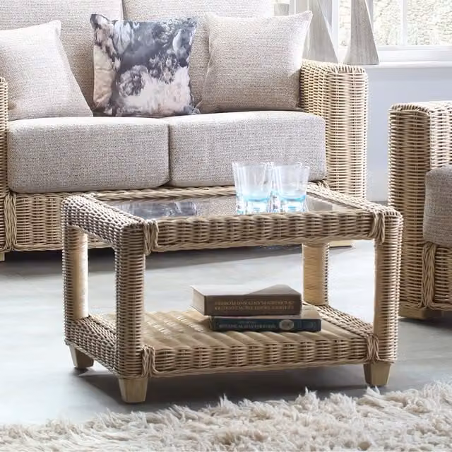 Desser Burford Cane Coffee Table in Natural Wash and Ivory with Glass and Rattan Top