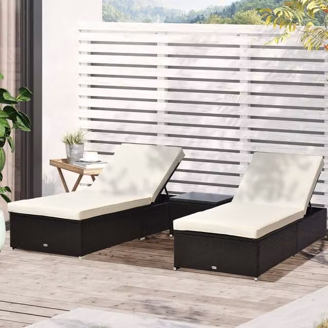 Outsunny 3-Piece Rattan Sun Lounger Set with Weatherproof Cushions in Brown