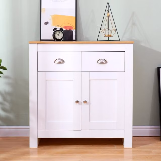 HMD White and Grey Wooden Sideboard Storage Cabinet with 2 Drawers and 2 Doors