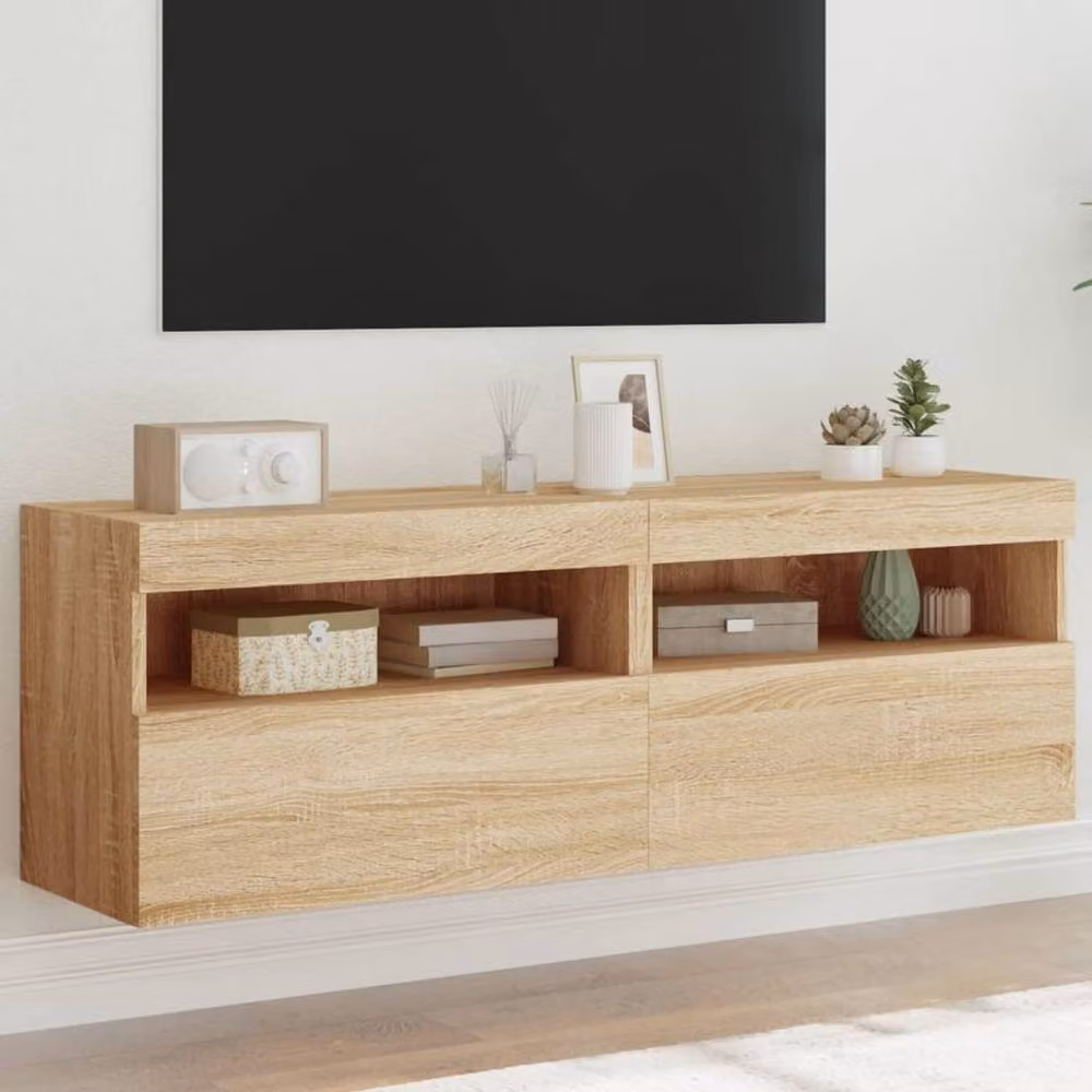 Berkfield Home Set of 2 Modern Wall Mounted TV Cabinets with Integrated LED Lights in Sonoma Oak and Light Tan, W/D/H: 60 x 30 x 40 cm – 2
