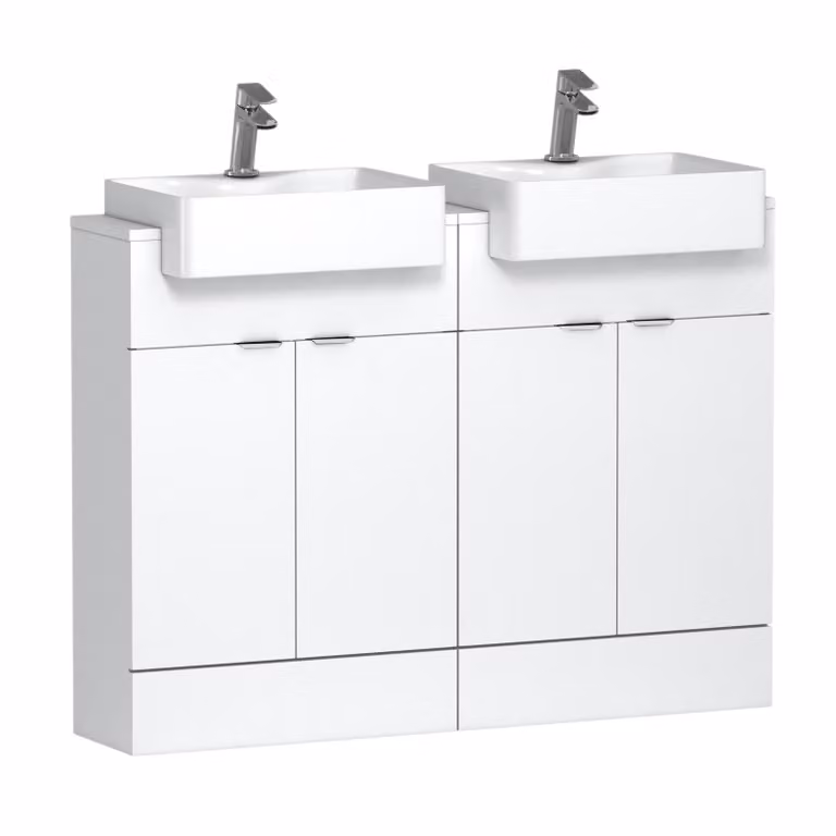 Royal Bathrooms Elena Gloss White 4 Door Floor Standing Vanity Sink Unit with Semi Recessed Double Basin, W: 120 cm