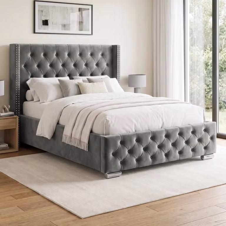 DHS Grey Velvet Cross Pattern Ottoman Storage Bed with Winged Headboard, Double (140 x 200 cm)