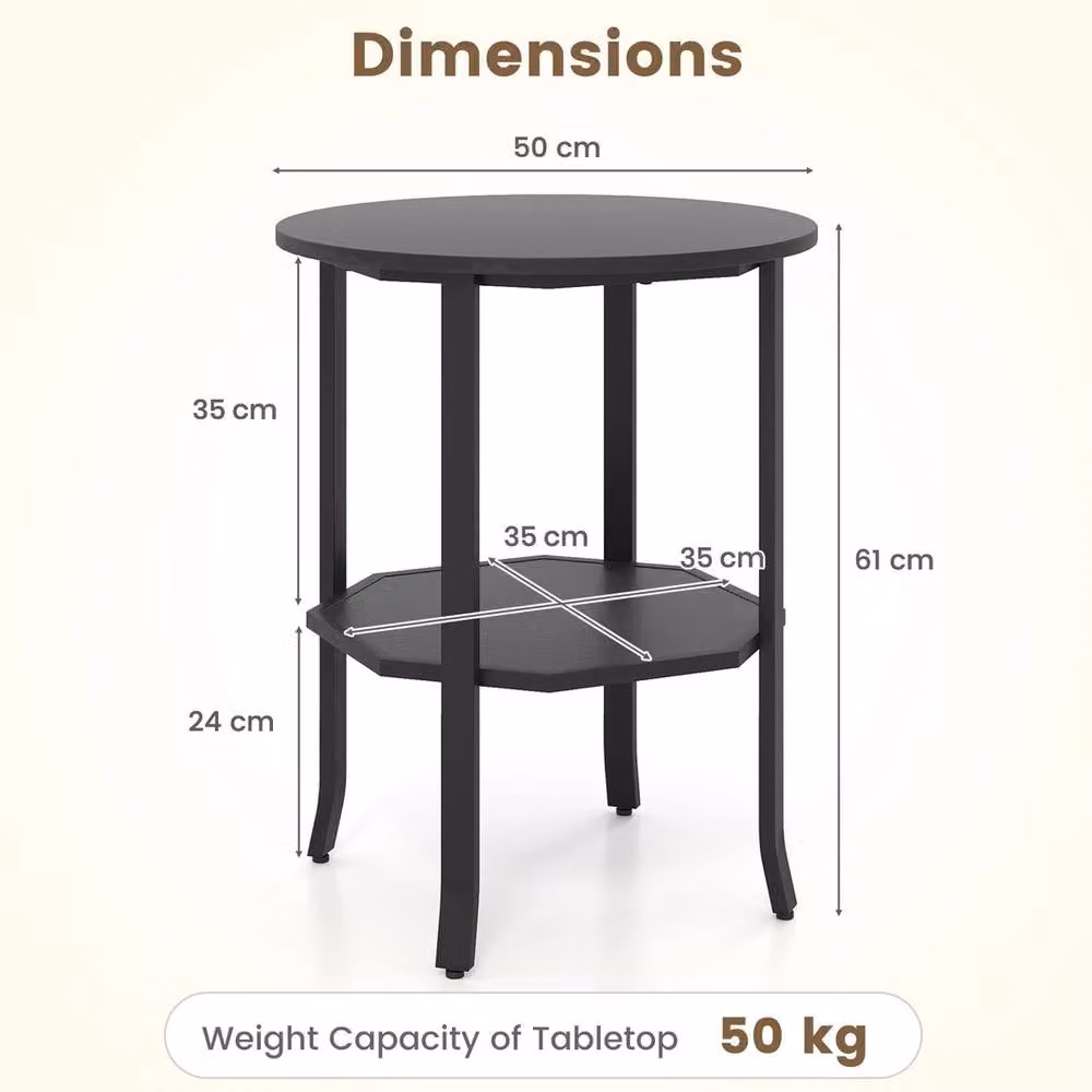 FORGEVIO Round 2-Tier Metal Side Table with Storage Shelf in Black – 2
