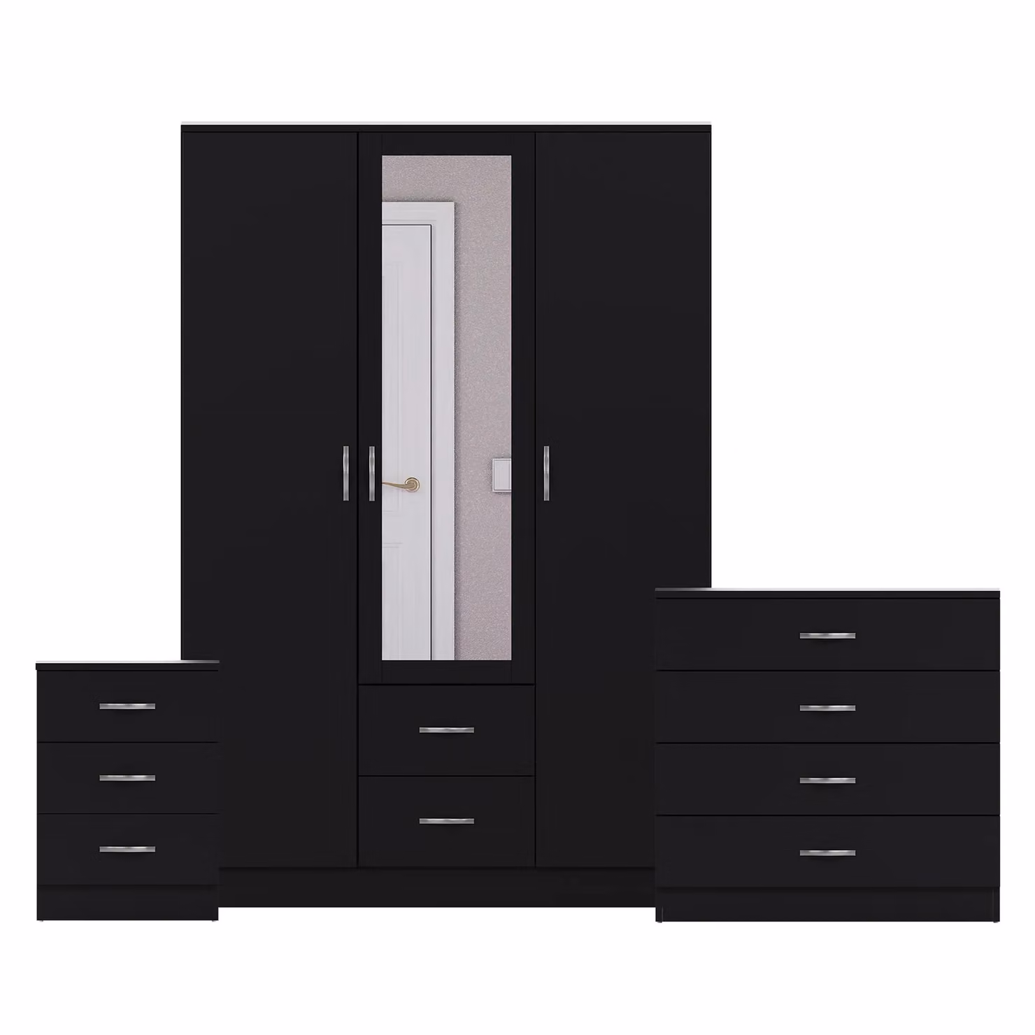 Vida Designs 3 Piece Modern Black Bedroom Set Including 3 Bedside Tables, 4 Drawer Chest and Mirror Wardrobe – 2