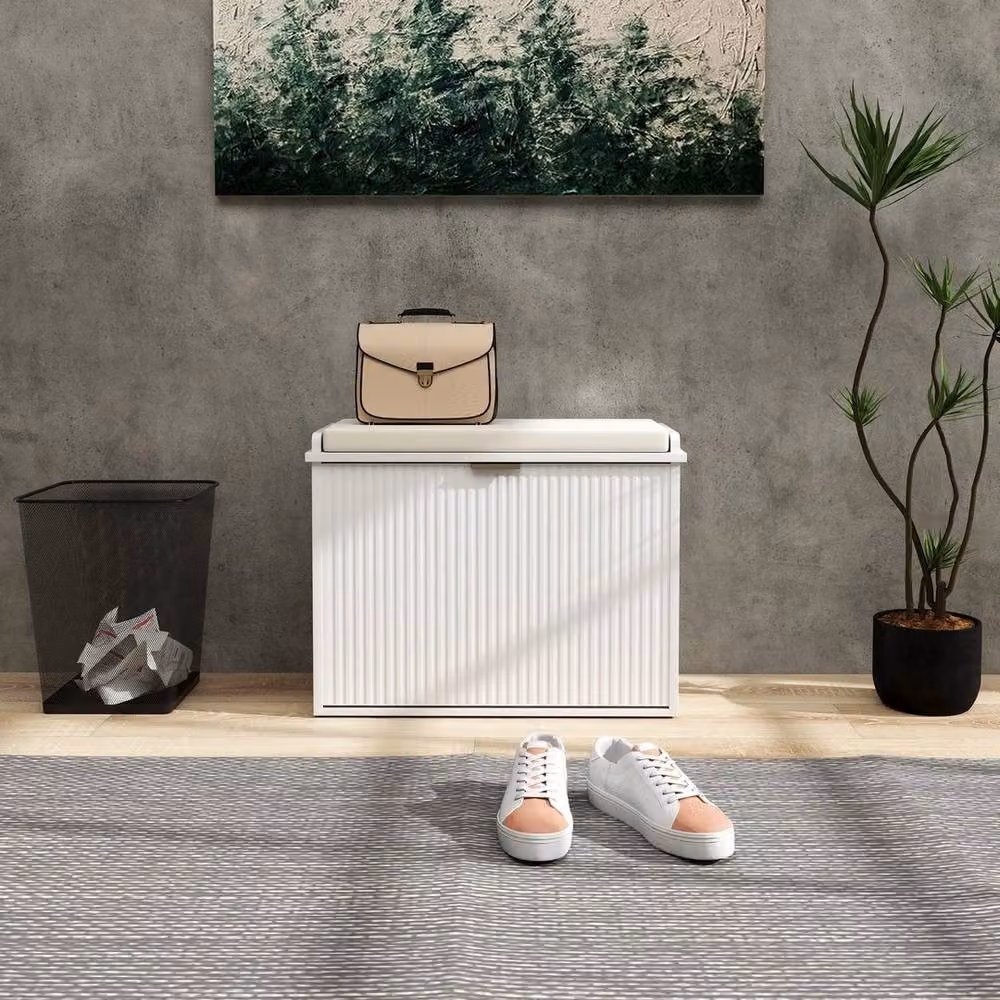 NESTLUNE Shoe Storage Bench with Cushion and Flip-Drawer in White and Gold, W: 62 cm, D: 26 cm, H: 47.5 cm – 3