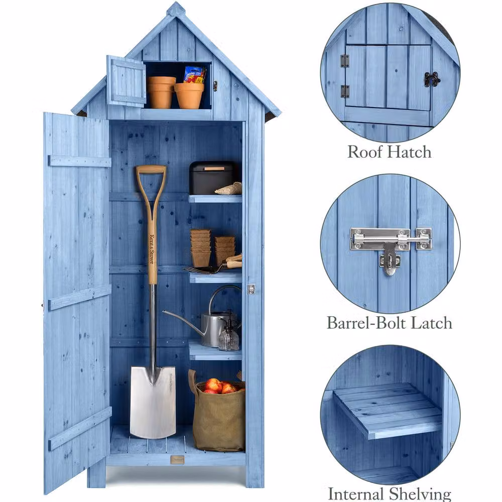 Christow Blue Wooden Slim Compact Garden Storage Shed with Lockable Single Door, H: 179.5 cm, W: 54.2 cm, D: 77.5 cm – 4