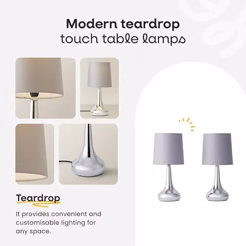 ValueLights Set of 2 Modern Chrome Teardrop Touch Table Lamps with Black Fabric Shades and Warm White LED Bulbs – 2