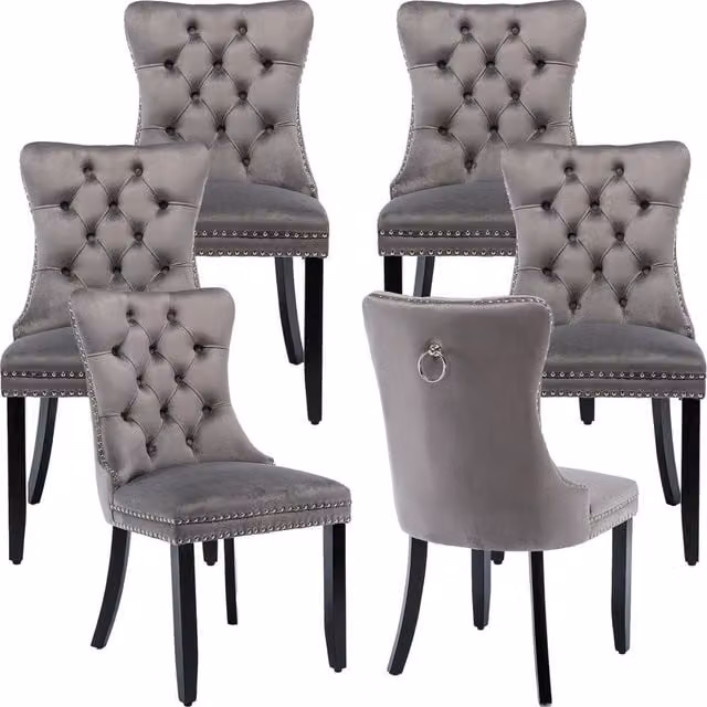 HomeTouch Romsey Set of 6 Grey Velvet Upholstered Dining Chairs with Oak Legs and Knocker Ring Back