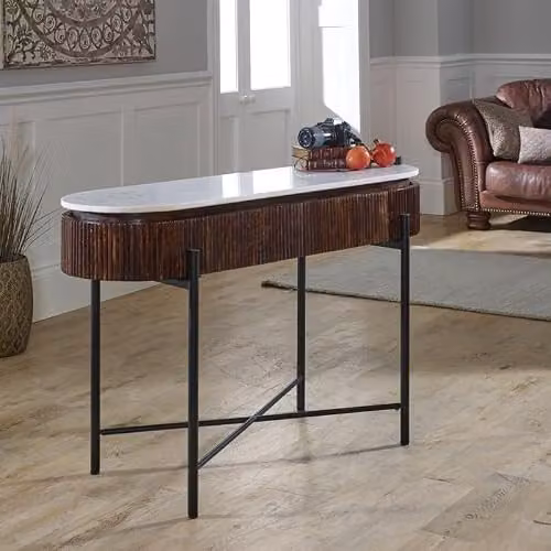 Indian Hub Opal Console Table with Marble Top and Metal Legs, W: 120 cm, D: 40 cm, H: 77 cm – 2