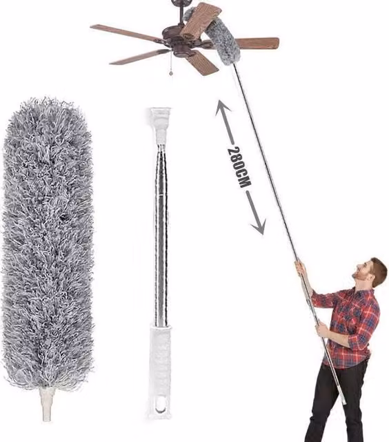 PAWNORA Extra Long Cobweb Feather Duster in Grey with Microfibre and Stainless Steel