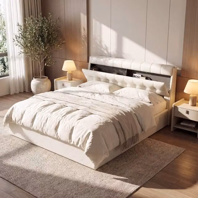 Merax White PU Upholstered King Size Ottoman Storage Bed with Headboard W: 150 cm, D: 200 cm, H: 105 cm
