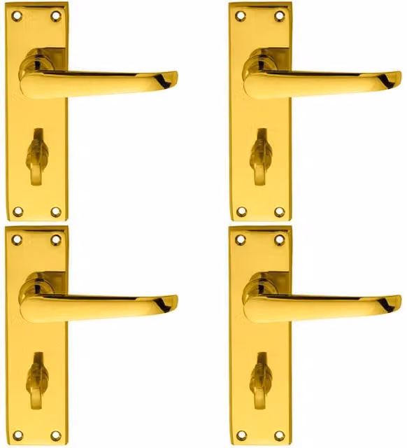 Loops 4 Pairs of Straight Victorian Lever Bathroom Lever on Backplate in Polished Brass, W: 150 mm, H: 42 mm