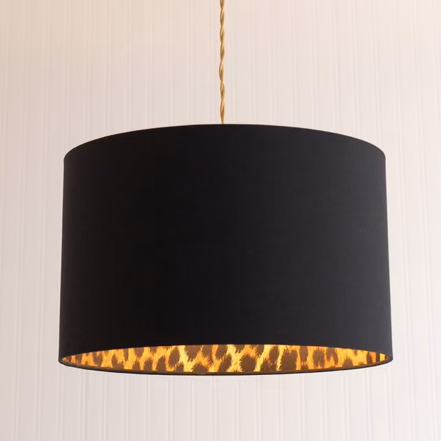 ValueLights Oasis Large Leopard Print Fabric Cylinder Ceiling Drum Lamp Shade and LED Bulb in Black