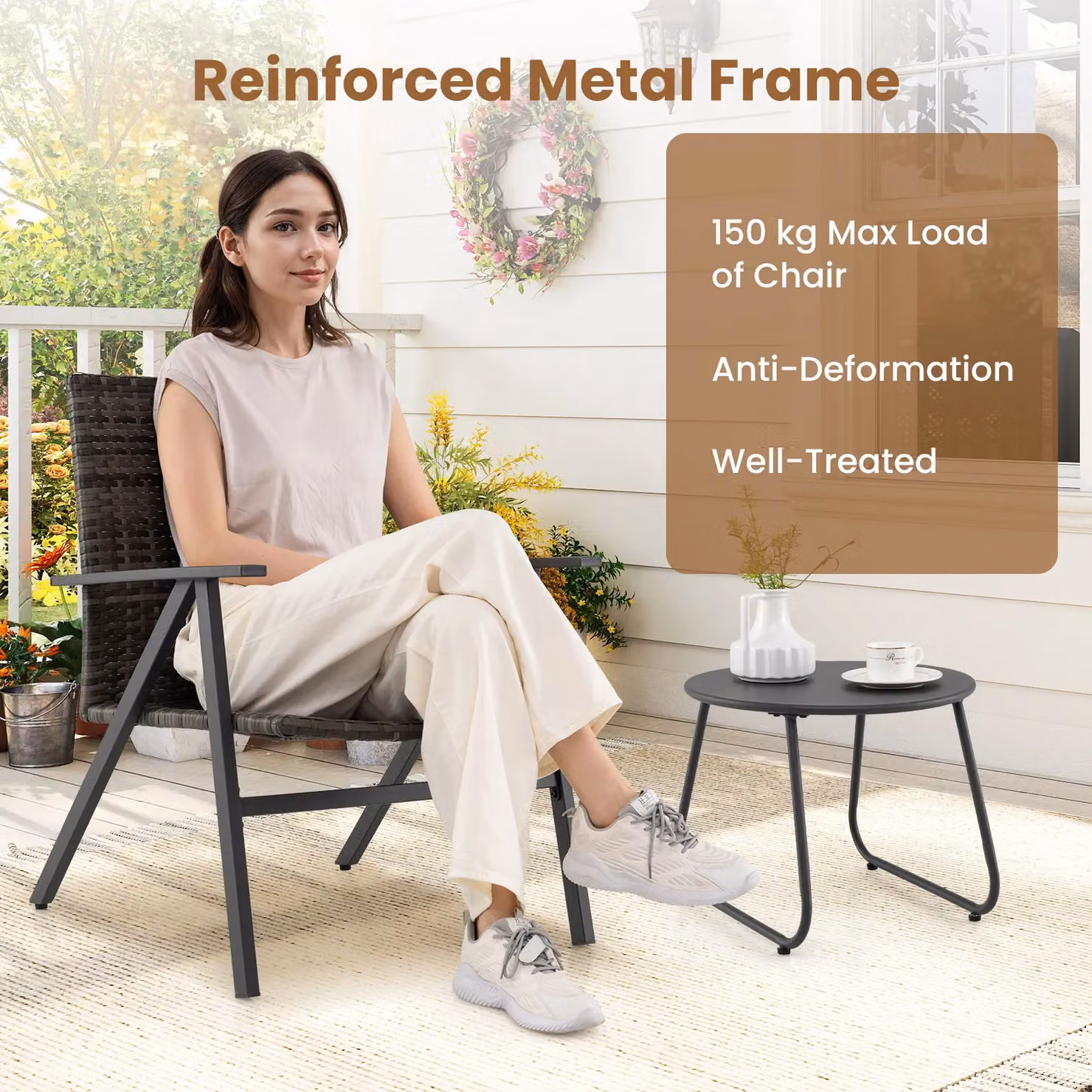 Costway 3-Piece Patio Bistro Set with Metal Frame and Rattan Armchairs and Table in Black – 6