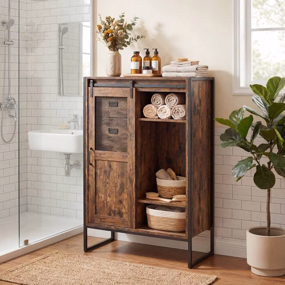 Costway Rustic Brown Floor Buffet Cabinet Organizer with Sliding Doors and Adjustable Internal Shelves – 5