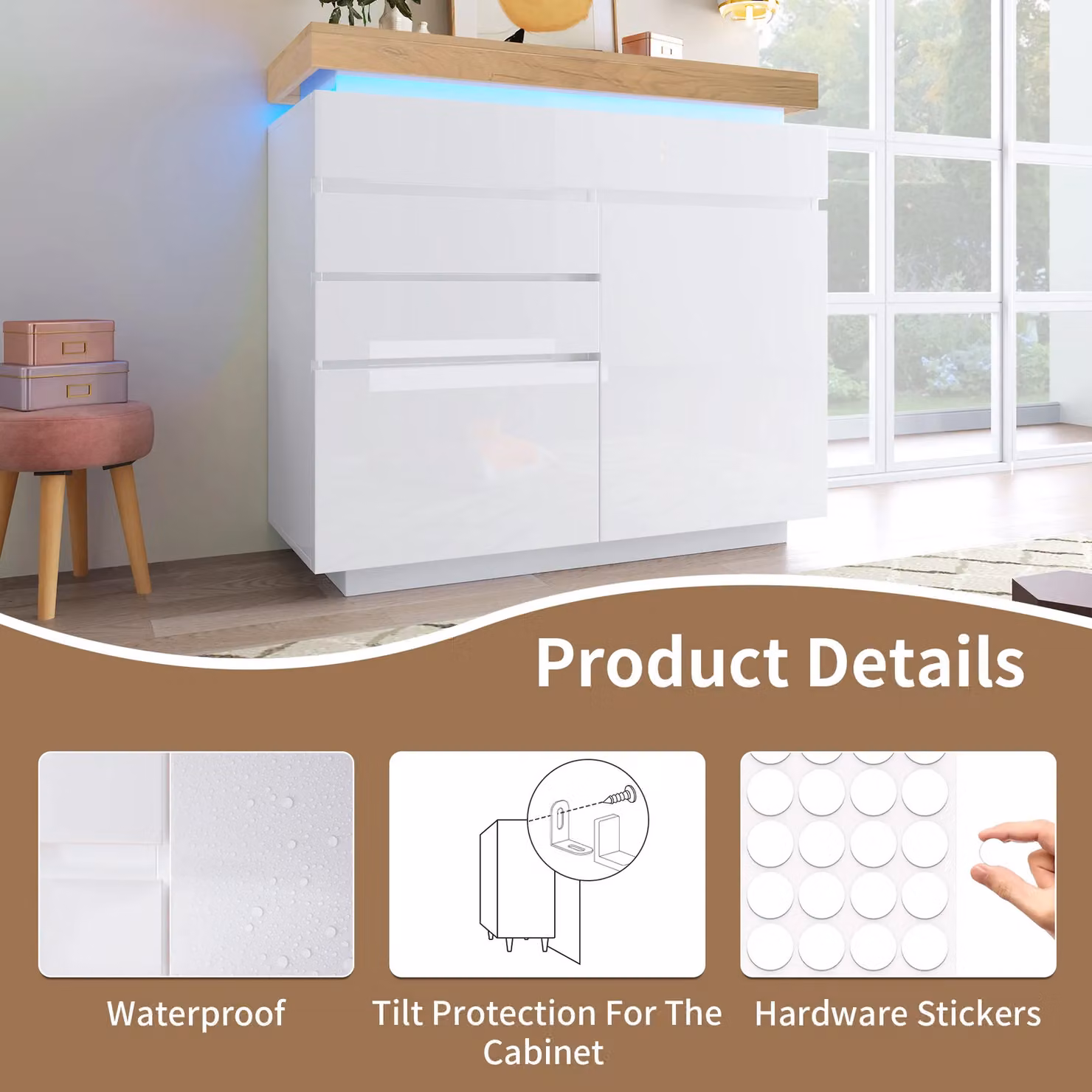 Matteo High-Gloss White Chest of Drawers and Sideboard Cabinet with Integrated RGB LED Lighting, W/D/H: 115 x 39 x 110 cm – 5