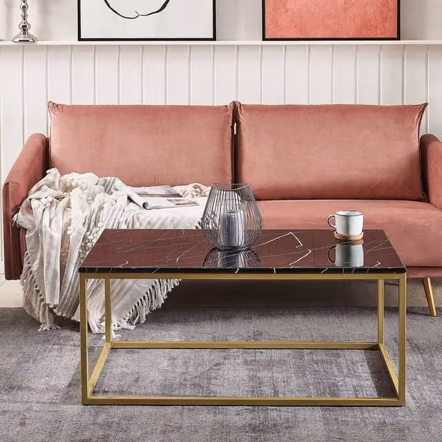 Wyld and Coco Industrial Glam Coffee Table with Black Marble Effect Top and Gold Legs, W/D/H: 100 x 60 x 45 cm