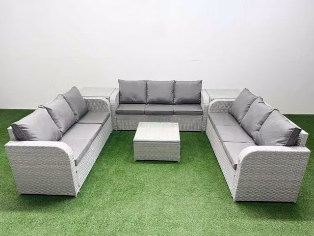 Fimous 9 Seater PE Rattan Outdoor Garden Furniture Set in Light Grey with 3 Seater Sofa, Coffee Table and Side Tables