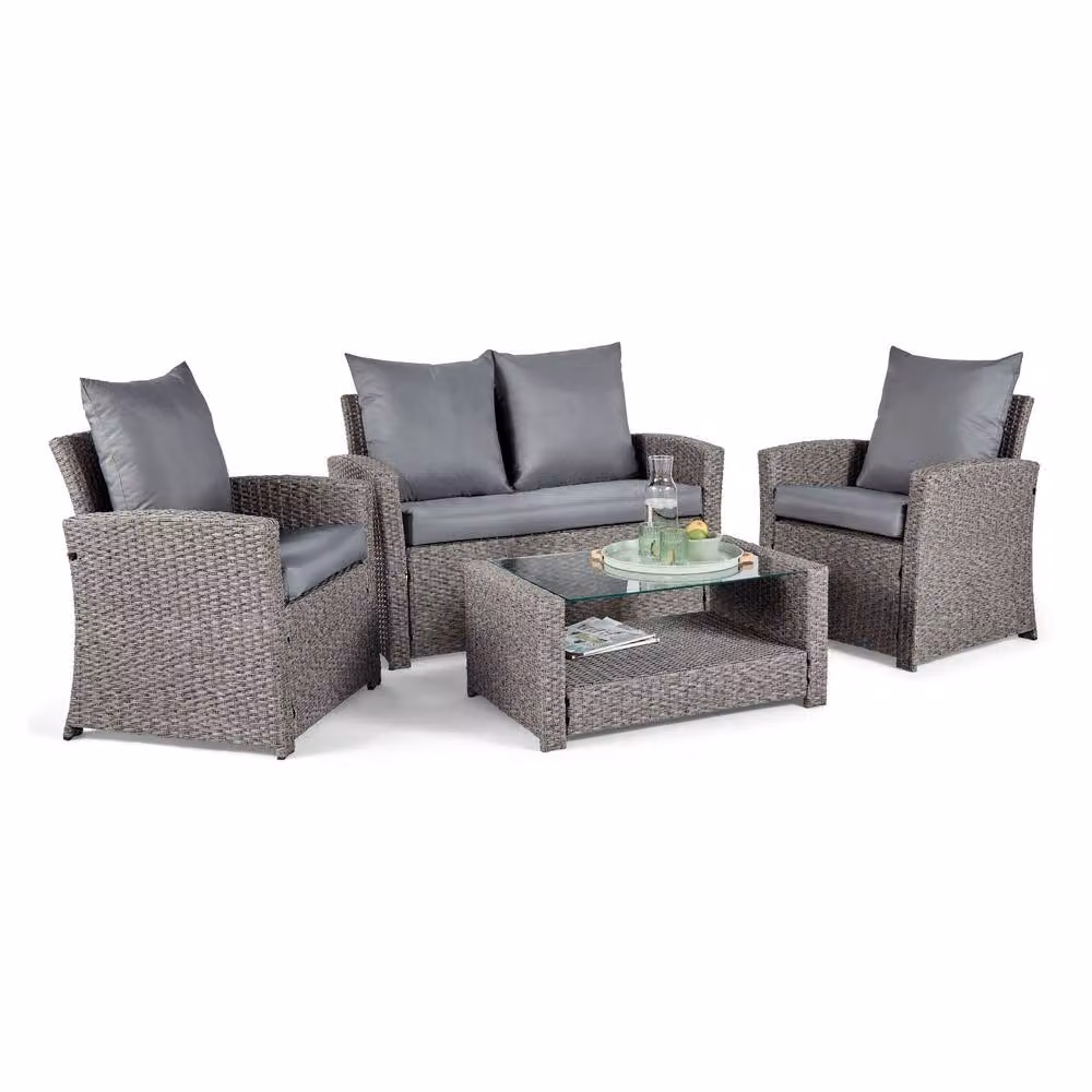 VonHaus 4 Seater Grey Rattan Effect Garden Furniture Set with Upholstered Cushions and Outdoor Coffee Table – 2