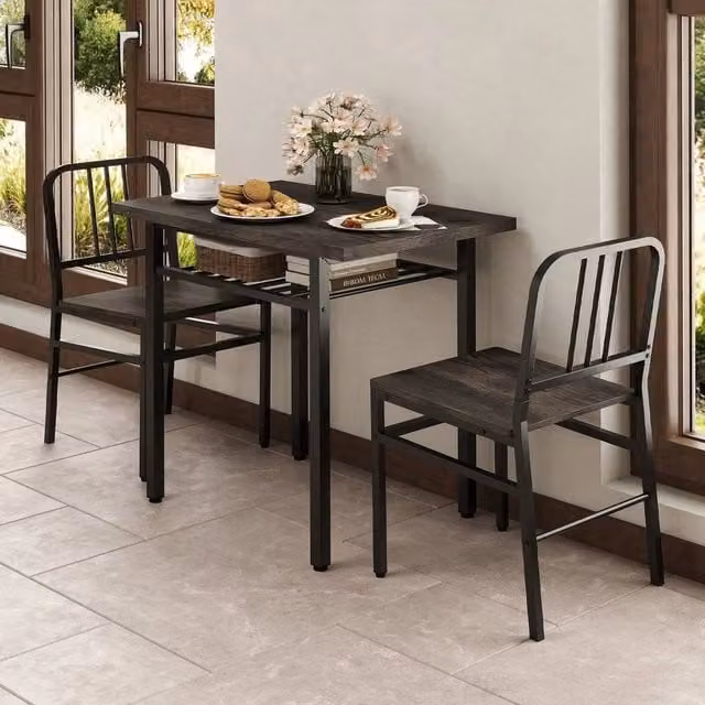 KORVIXA Rectangular Kitchen Dining Table and 2 Chairs Set with Storage Rack in Black, W: 70 cm, H: 65 cm – 1