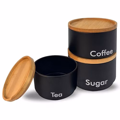 MantraRaj 3-Piece Black Metal Tea, Coffee and Sugar Canister Set with Airtight Bamboo Lids – 4