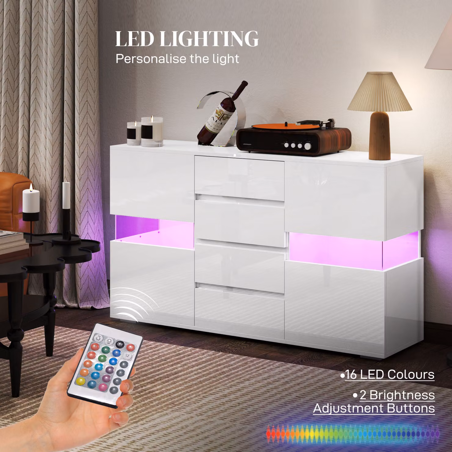 HOMCOM Modern High Gloss White MDF Sideboard with Integrated LED Lighting W/D/H: 120 x 41.3 x 70 cm – 2