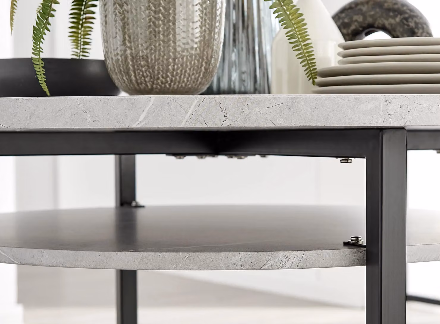 FurnitureboxUK Adley Grey Concrete Effect Round Dining Table and 4 Halleyy Taupe Fabric Chairs – 2
