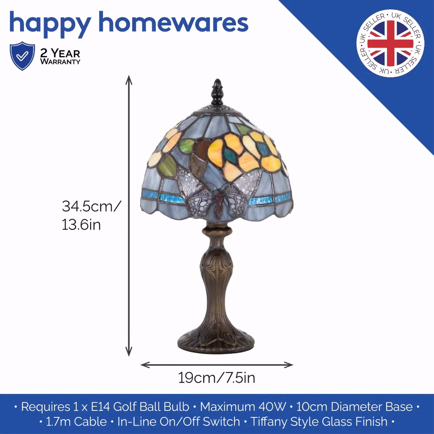 Happy Homewares Purple Stained Glass Butterfly Tiffany Table Lamp with Bronze Base and Multicolour Accents H: 35.0 cm – 4