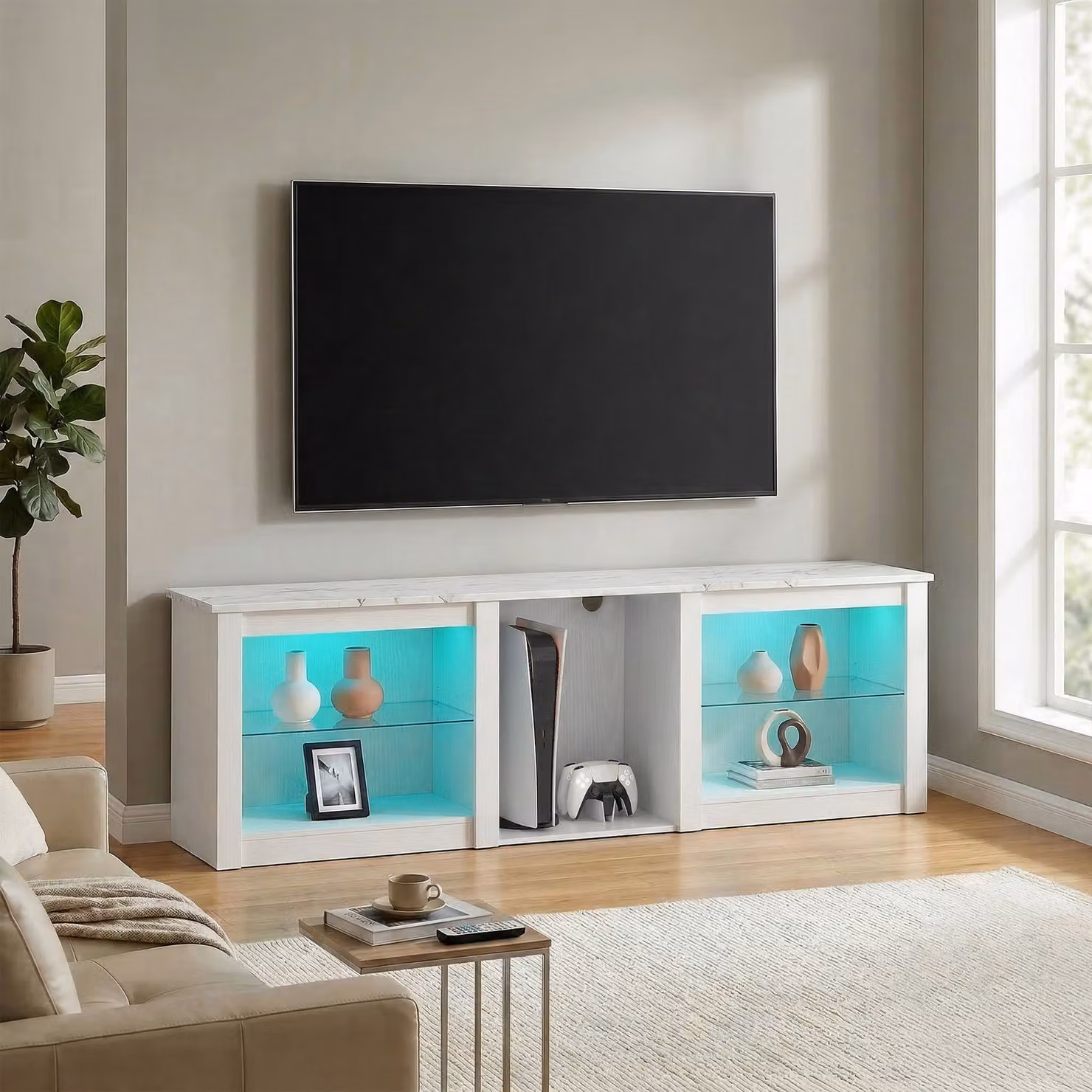 HOMCOM Modern White TV Stand with LED Lights and Storage, W: 160.0 cm, H: 51.7 cm, D: 21.5 cm – 6