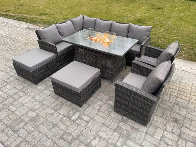 Fimous 10 Seater Grey Rattan Garden Furniture Set with Corner Sofa, Gas Fire Pit Dining Table, 2 Armchairs and 2 Footstools