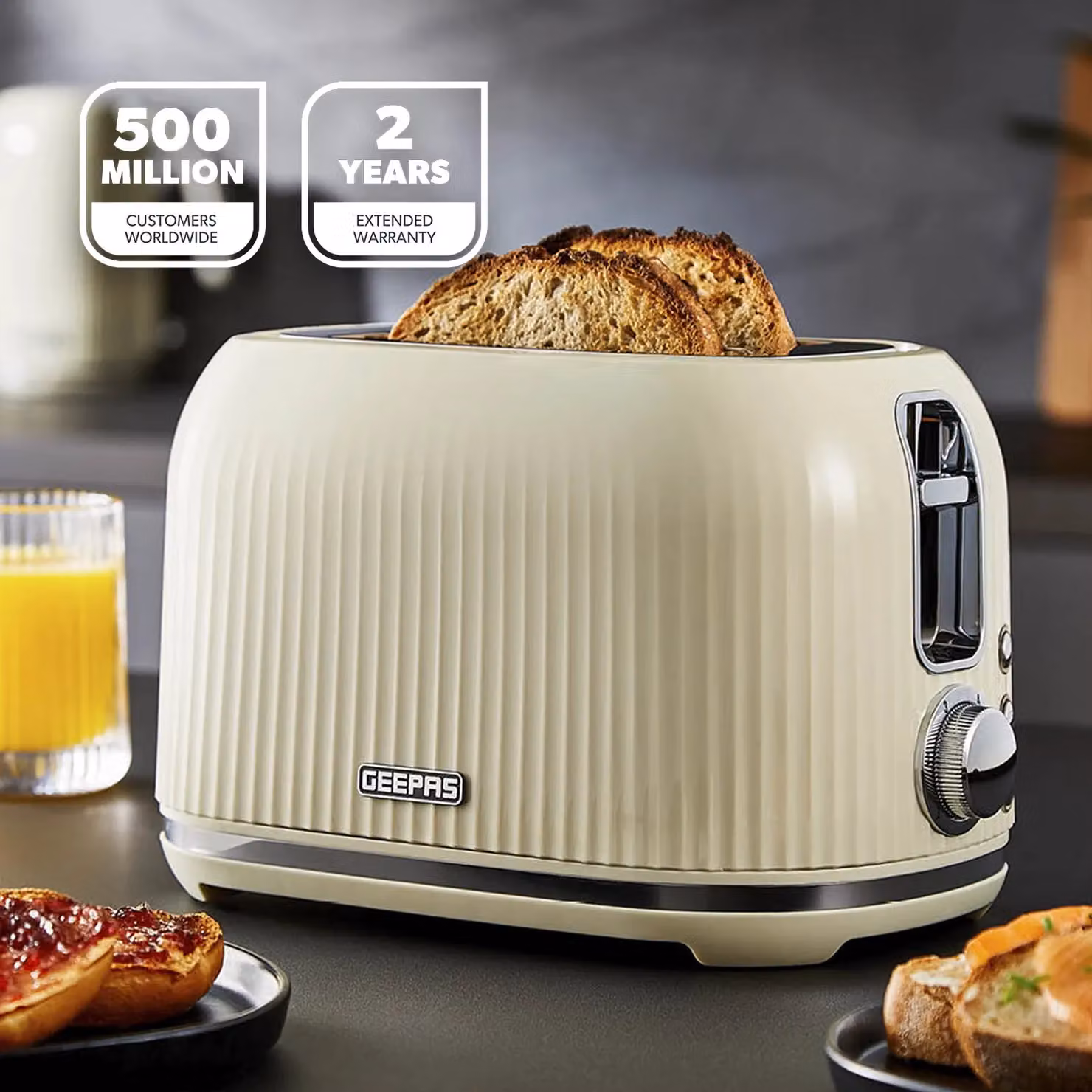 Geepas Fluted Collection 1000W 2 Slice Toaster with 6 Browning Levels in Beige – 2