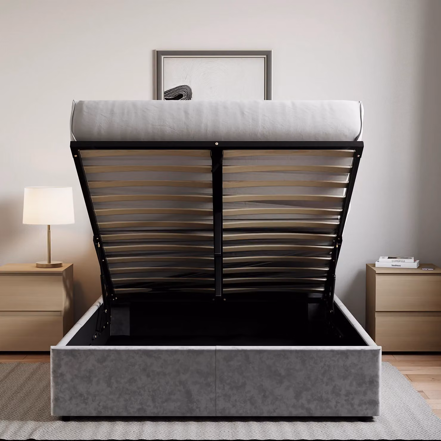 Vida Designs Veronica King Size Ottoman Bed in Silver Velvet Fabric, W/D/H: 180 x 200 cm – 3