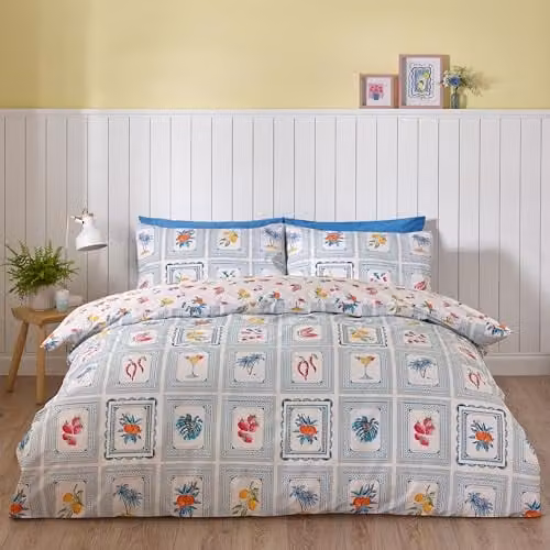 Catherine Lansfield Riviera Tiles Reversible Double Duvet Cover Set with Pillowcases, Blue and Multicolour, W/D/H: 200 x 200 cm