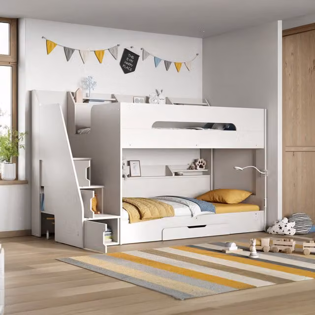 Flair Slick Staircase Bunk Bed in White with Integrated Drawers and Steps
