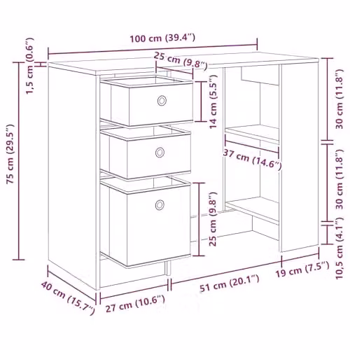 vidaXL Modern Writing Desk in Grey Sonoma, W/D/H: 100 x 40 x 75 cm – 3