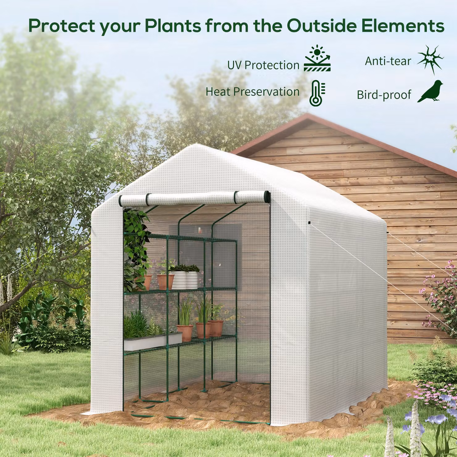 Outsunny White Walking Greenhouse with 4 Tiers and 24 Shelves, Portable Poly Tunnel with Roll-up Zipped Door, W/D/H: 2.5 x 1.8 x 2 m – 3