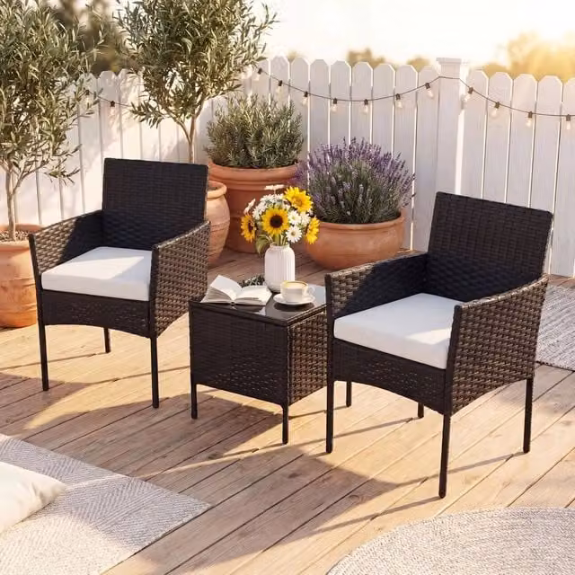 NESTLUNE Black Modern Outdoor Garden Furniture Set with Upholstered Lounge Armchair and Coffee Table